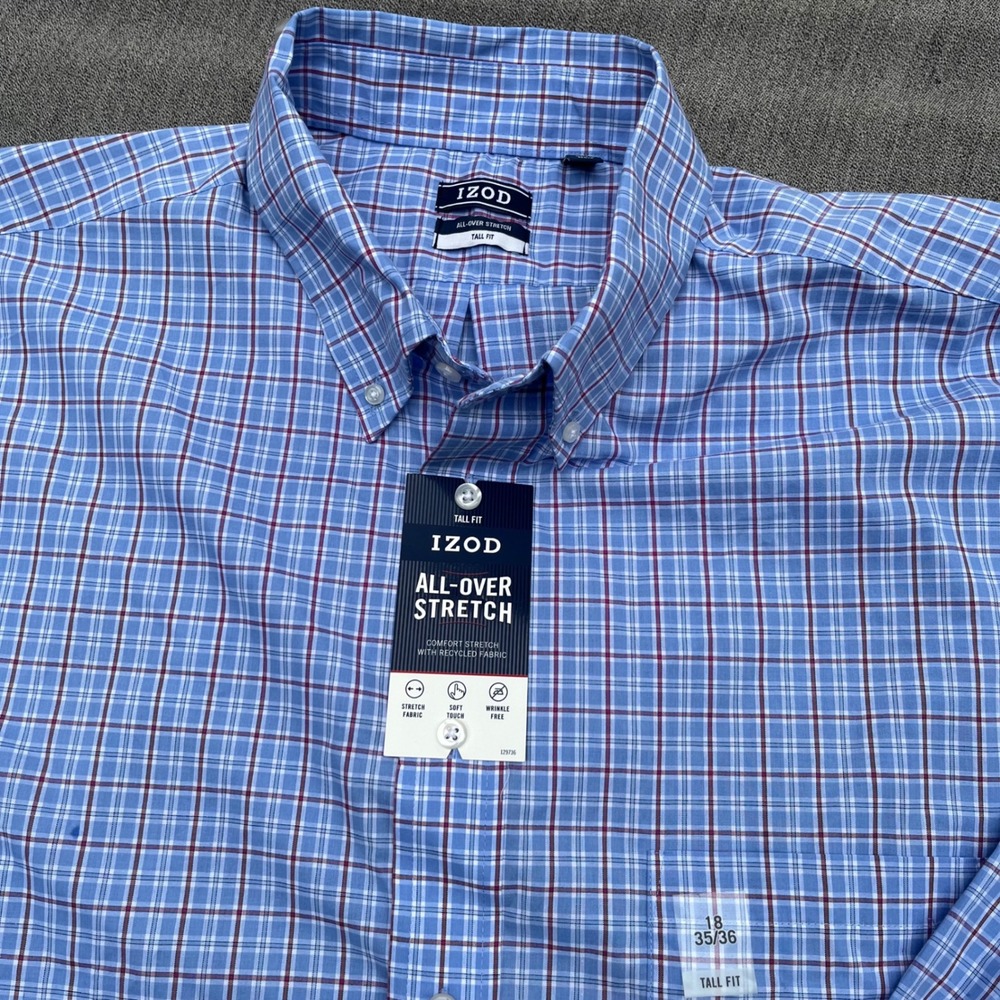 IZOD Mens Tall Fit All-Over Stretch Plaid Button Down Shirt 18 35/36 Grape Mist